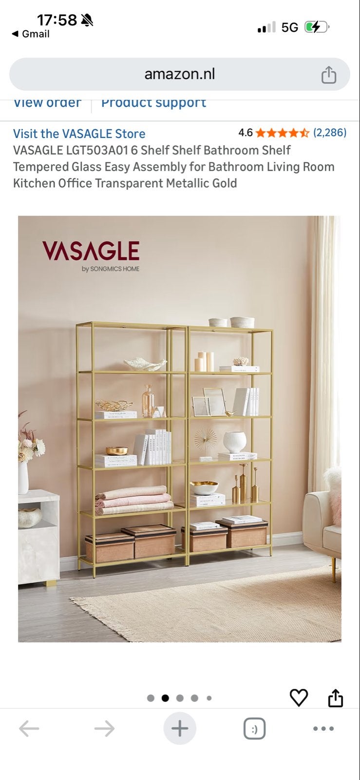 VASAGLE Boekenkast met 6 planken, goudkleurig, glas, Ophalen, Met plank(en), Nieuw, 50 tot 100 cm
