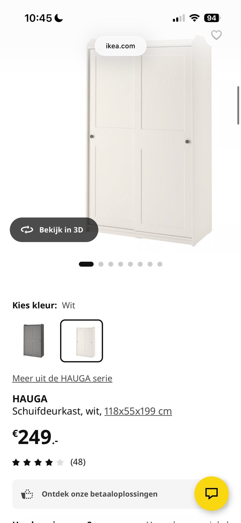 HAUGA Schuifdeurkast wit 118x55x199 cm, Ophalen, Met plank(en), 100 tot 150 cm, Zo goed als nieuw