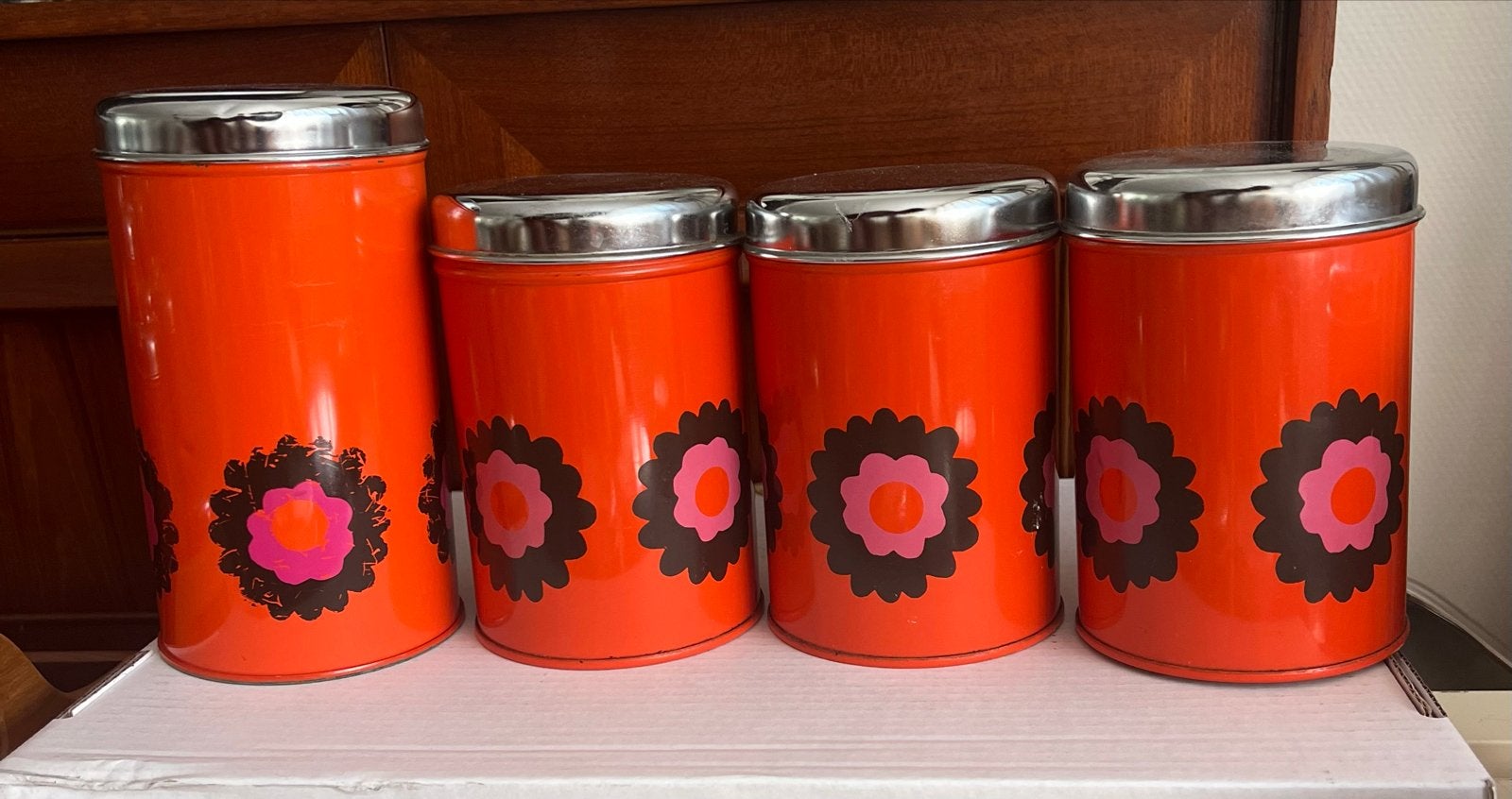 Brabantia voorraadbussen Patrice-motief jaren '70 (4 stuks), Ophalen of Verzenden