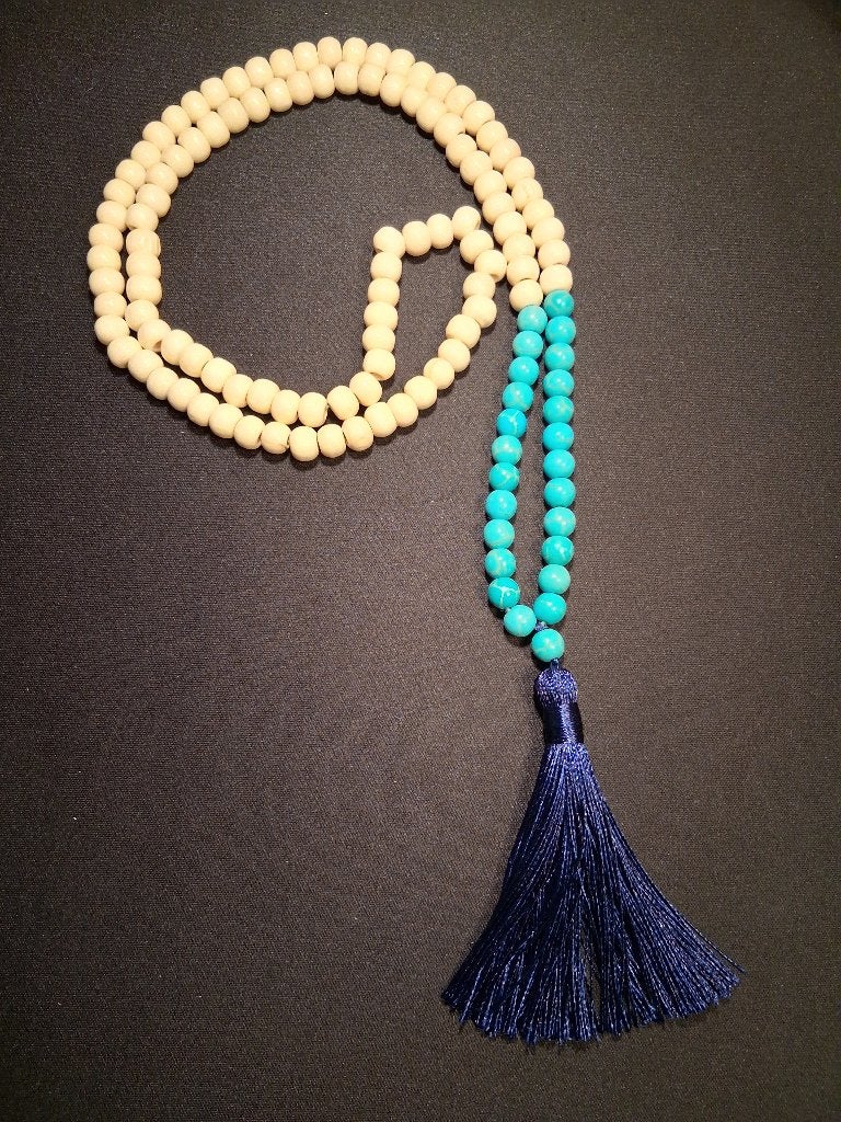 Boho Mala ketting houten en turquoise kralen, Verzenden, Nieuw, Overige kleuren, Overige materialen