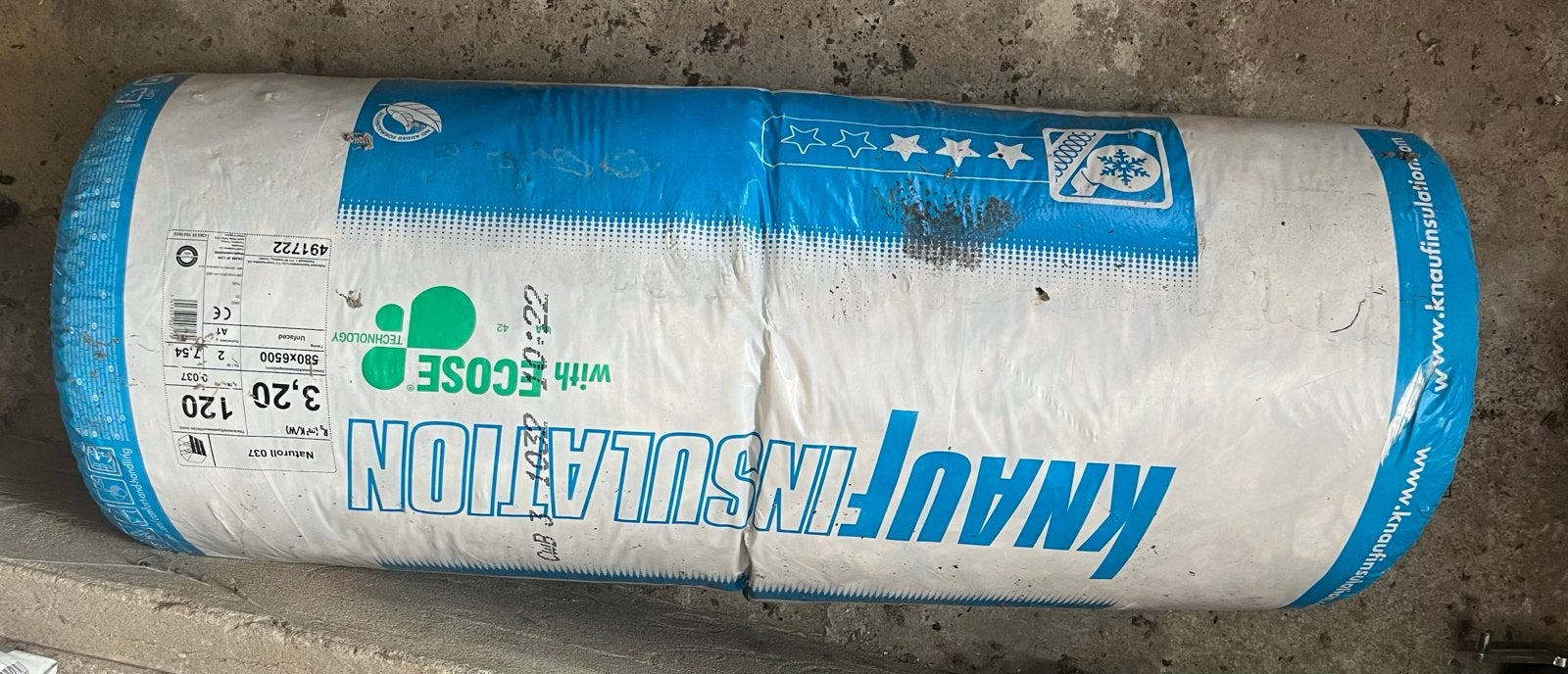 Knauf Naturoll 037 Glaswol Isolatie 120mm dik, 12 cm of meer, Nieuw, Vloerisolatie, Glaswol