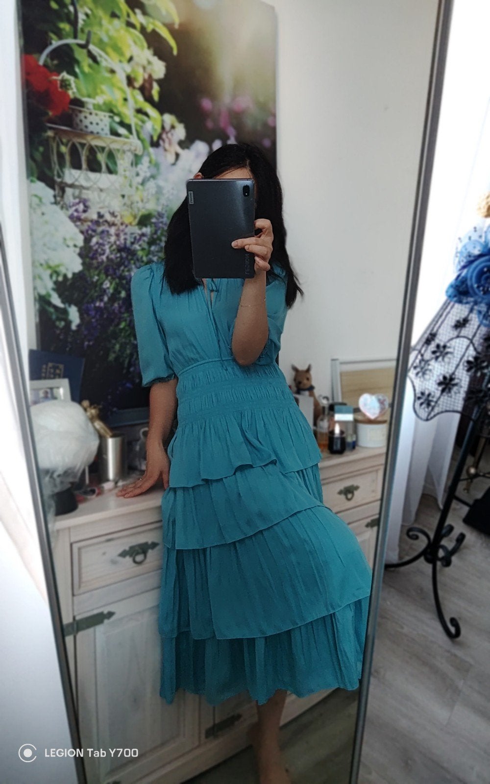 Maje turquoise midi jurk met ruches - Maat 36 (S), Blauw, Nieuw, Ophalen of Verzenden, Maje