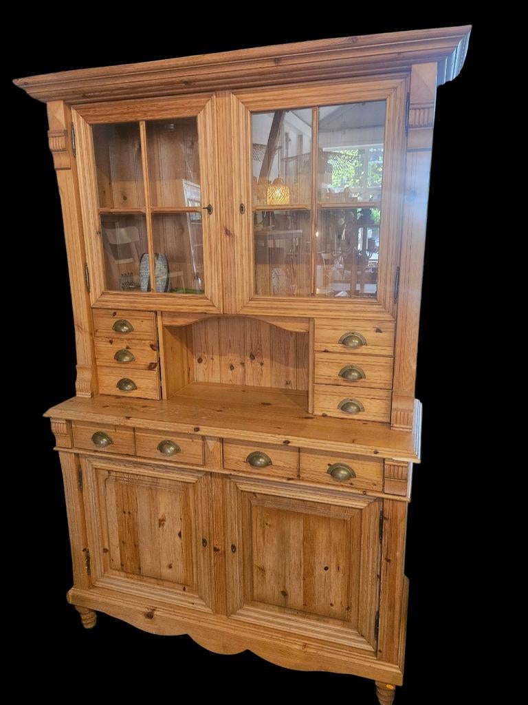 Massief houten buffetkast met vitrine en lades, Ophalen