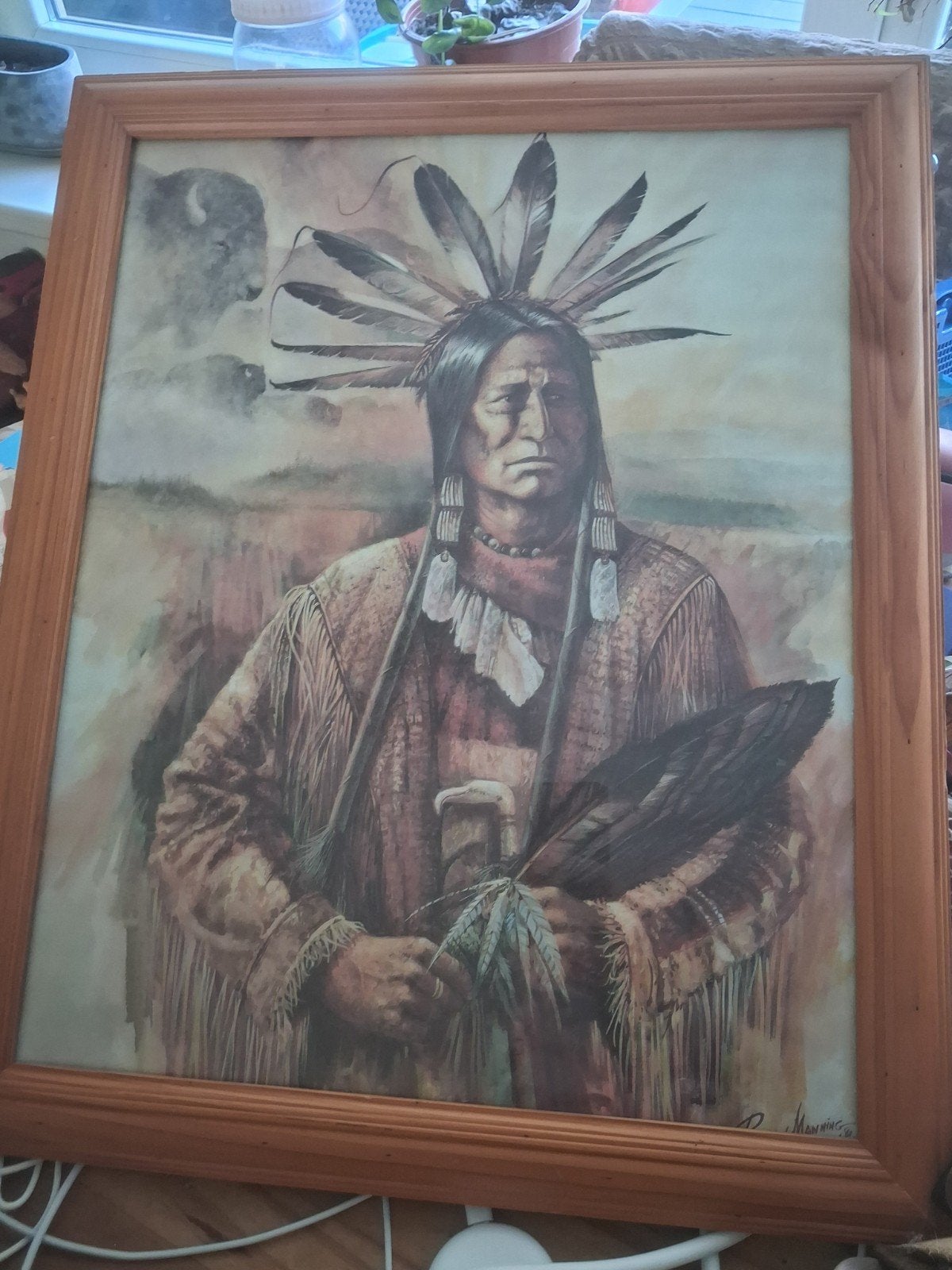 Amerikaanse Sjamaan Schilderij - Ingelijst, Portret of Personen, Realistisch, Ophalen of Verzenden, Print