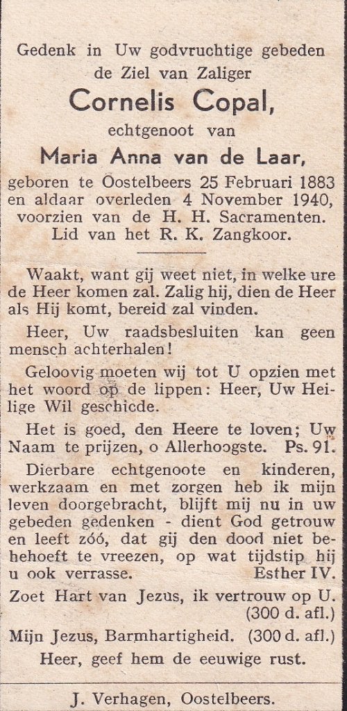 Copal Cornelis 1883 Oostelbeers 1940, Ophalen of Verzenden, Bidprentje