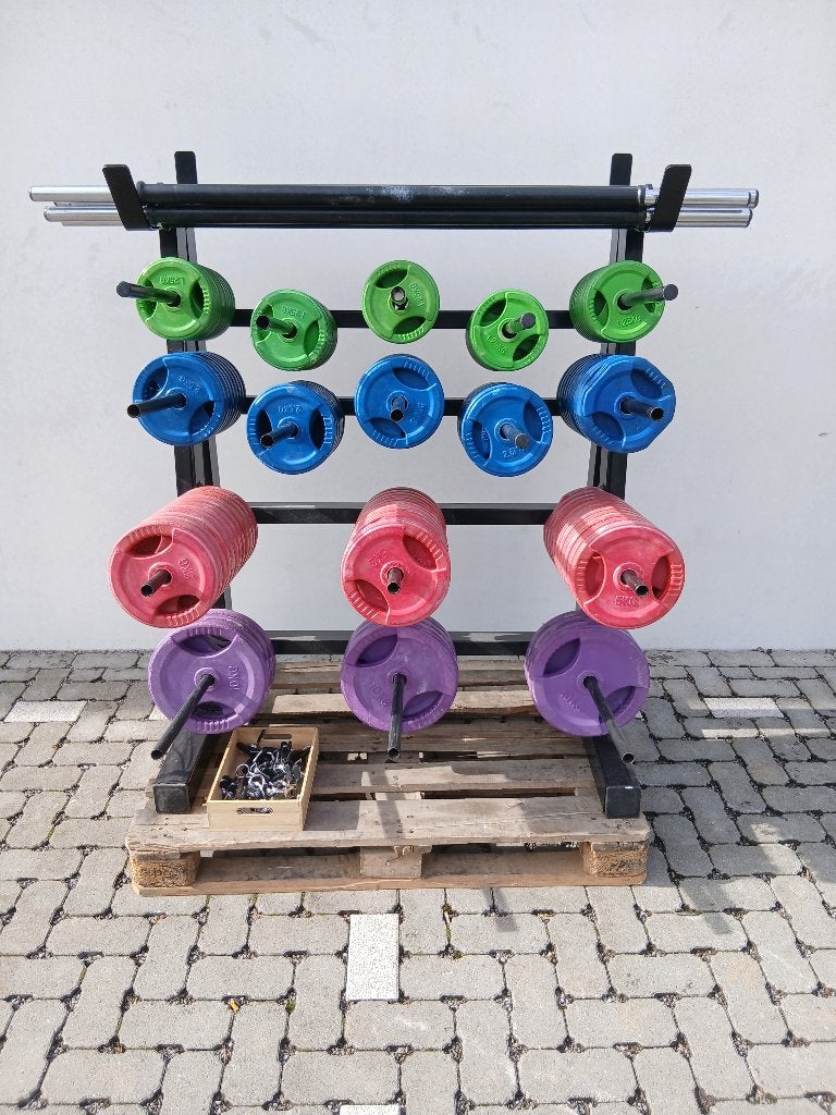 Halterset met rek en sluitingen - Diverse gewichten, Sport en Fitness, Ophalen, Gebruikt, Benen, Halterset