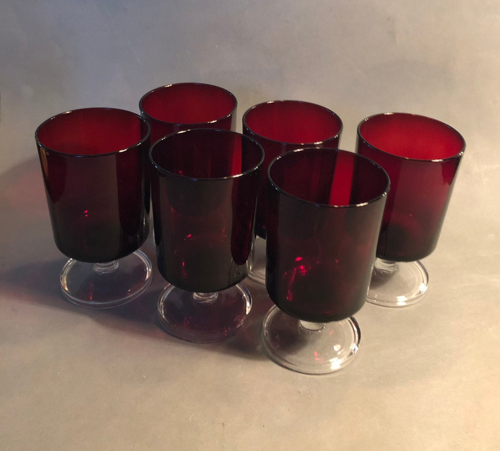 Zes Luminarc wijnglaasjes, rood glas met transparant voetje, Verzamelen, Ophalen of Verzenden, Zo goed als nieuw, Overige typen