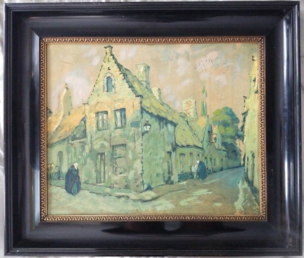 Antiek Nederlands of Vlaams Stadsgezicht met figuren, Ophalen of Verzenden