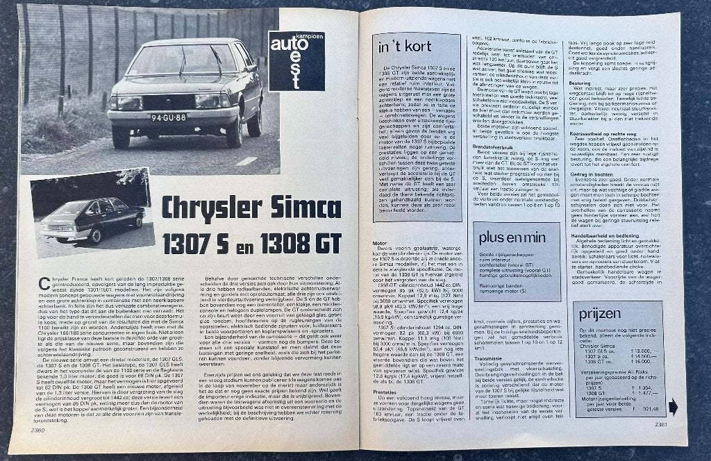 Simca 1307 S en 1308 GT test in Autokampioen 1975, Gelezen, Ophalen of Verzenden, Autokampioen, Overige merken