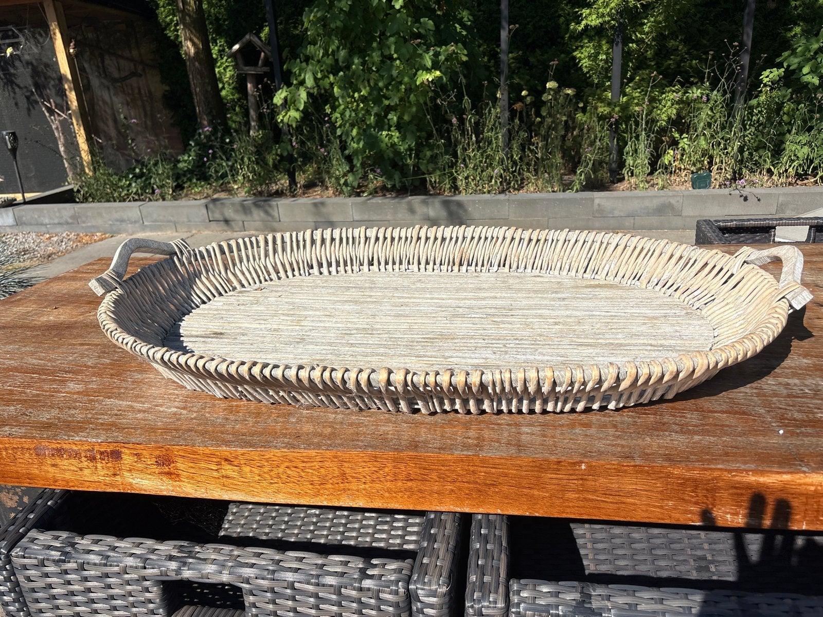Groot ovaal rieten dienblad - 110 x 70 cm Ibiza/Bohemian, Ophalen, Gebruikt, Natuurlijk materiaal, Dienblad