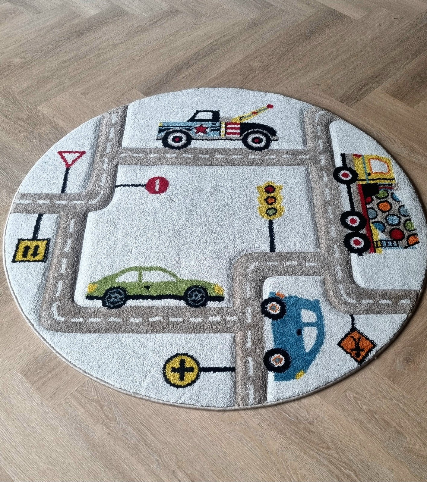 Luttenhutt Kids Rond Vloerkleed 120cm - Dubbelzijdig, Ophalen, Gebruikt, Kinderkamer, Speelkleed, Wegenpatroon, Rond
