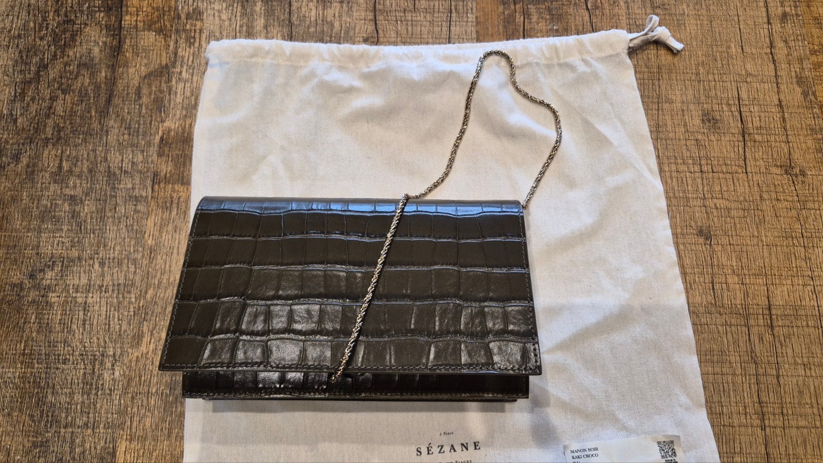 Sezane Manon Soir Kaki Croco Avondtasje, Sieraden, Tassen en Uiterlijk, Tassen | Damestassen, Ophalen of Verzenden, Nieuw, Groen