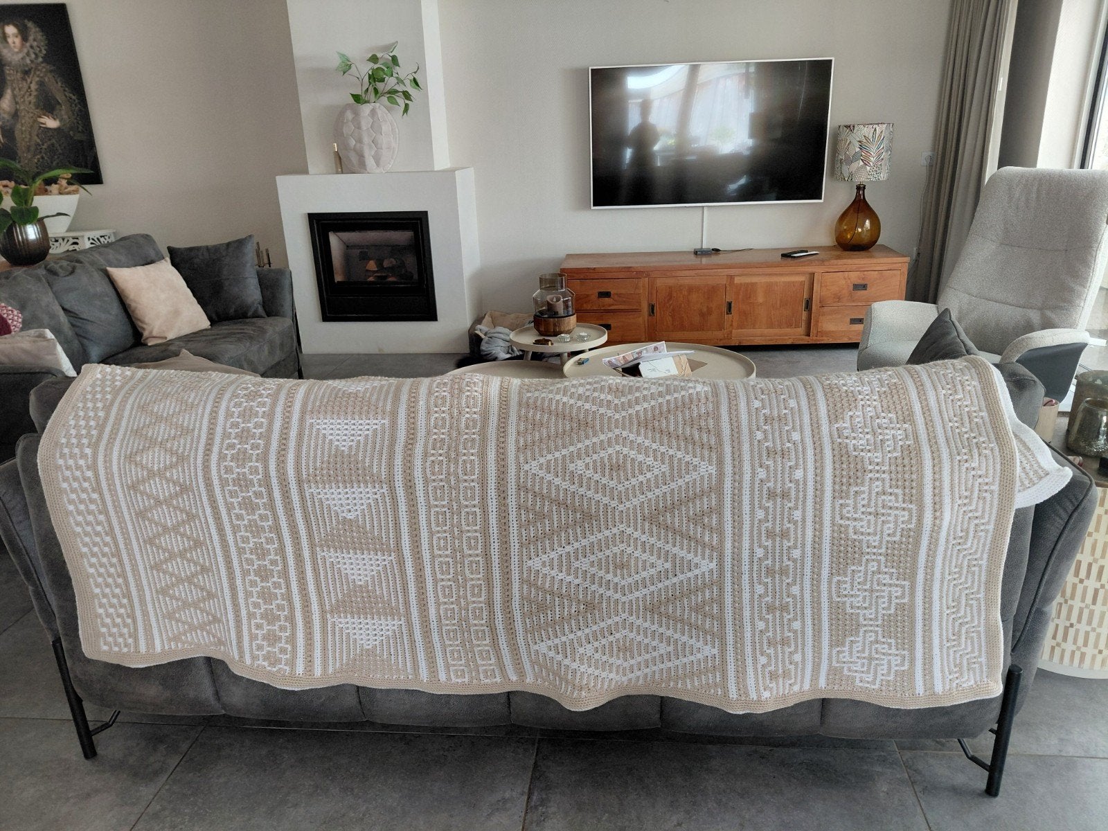 Handgehaakte deken beige/wit - 130x190 cm - Nieuw, Ophalen of Verzenden, Nieuw, Beige, Textiel