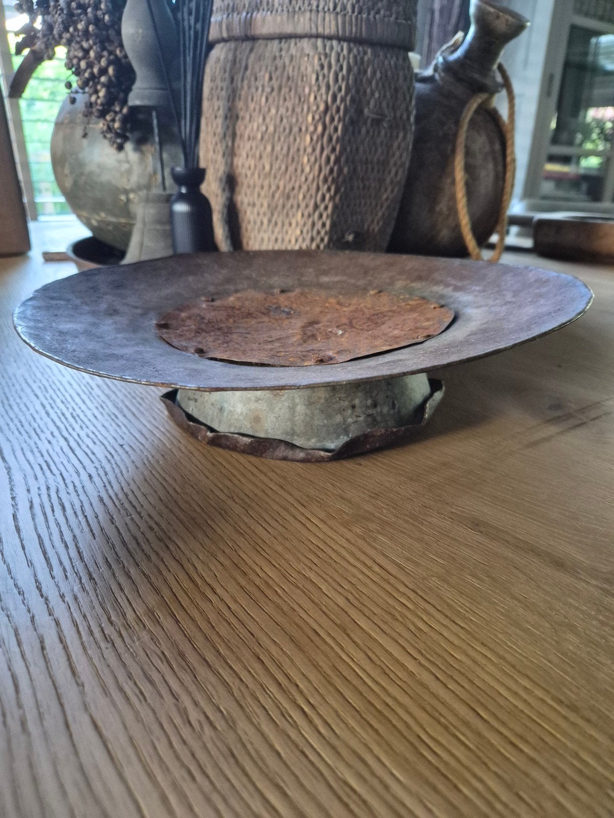 Sober -Landelijk -Brocante zinken plateau-etagere op poot, Ophalen of Verzenden