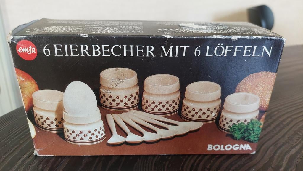 Vintage Emsa Bologna eierdopjes met lepeltje nieuw in doos, Overige materialen, Overige typen, Nieuw, Ophalen of Verzenden
