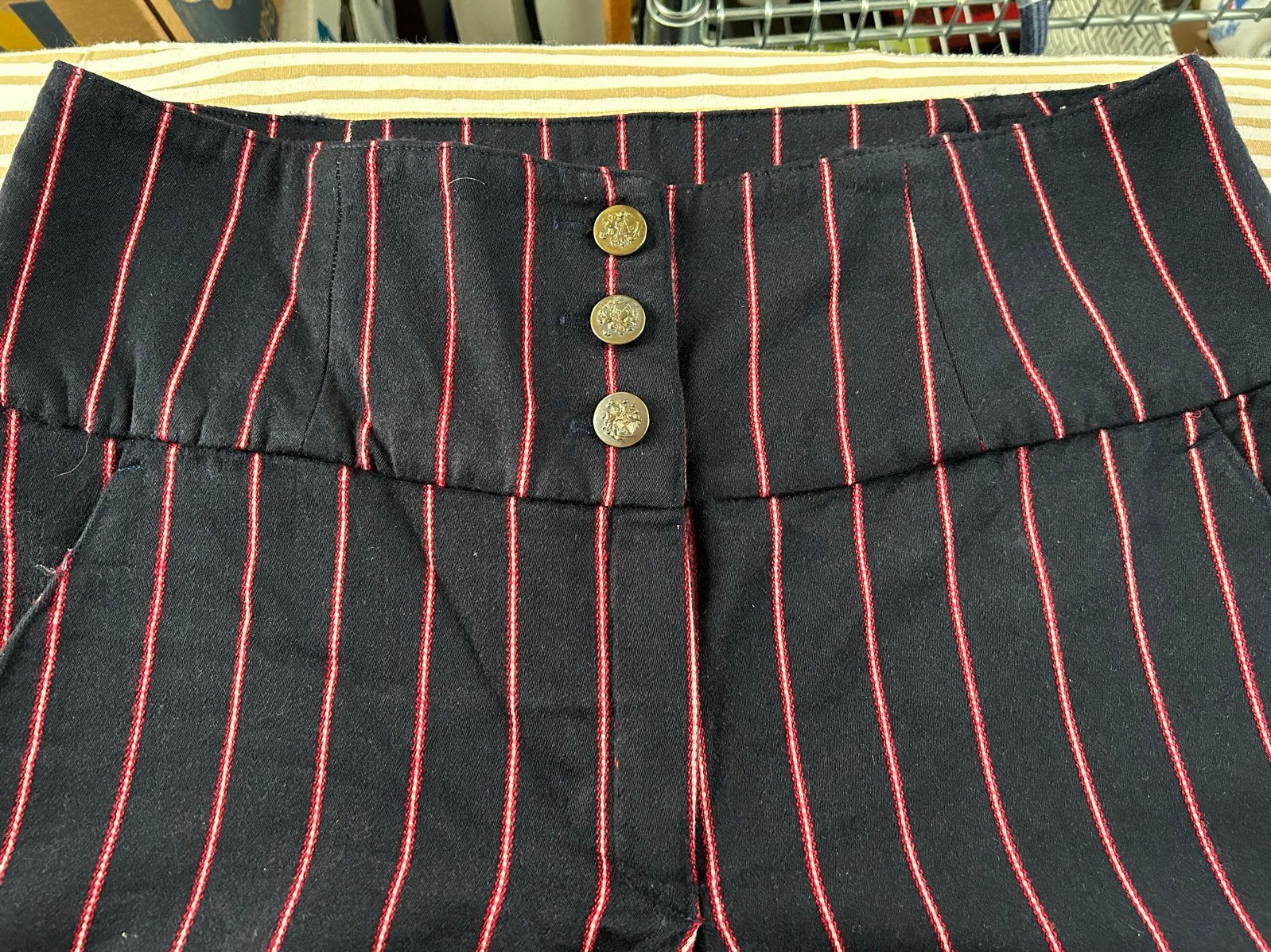 Wollen Broek Hoge Taille Wijde Pijp Donkerblauw Gestreep, Maat 38/40 (M), Blauw, Ophalen of Verzenden, Lang