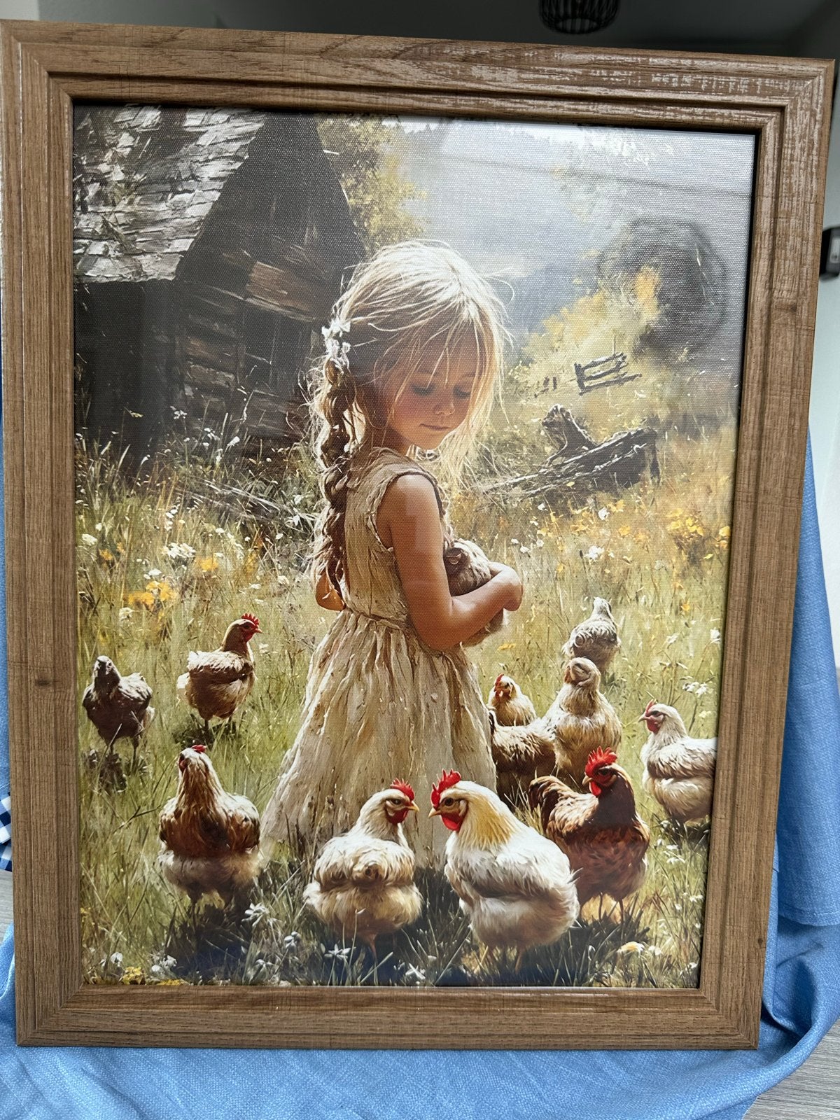 Giclée Schilderij: Meisje met Kippen in Bloemenweide, Doek, Realistisch, Overige technieken, Dieren