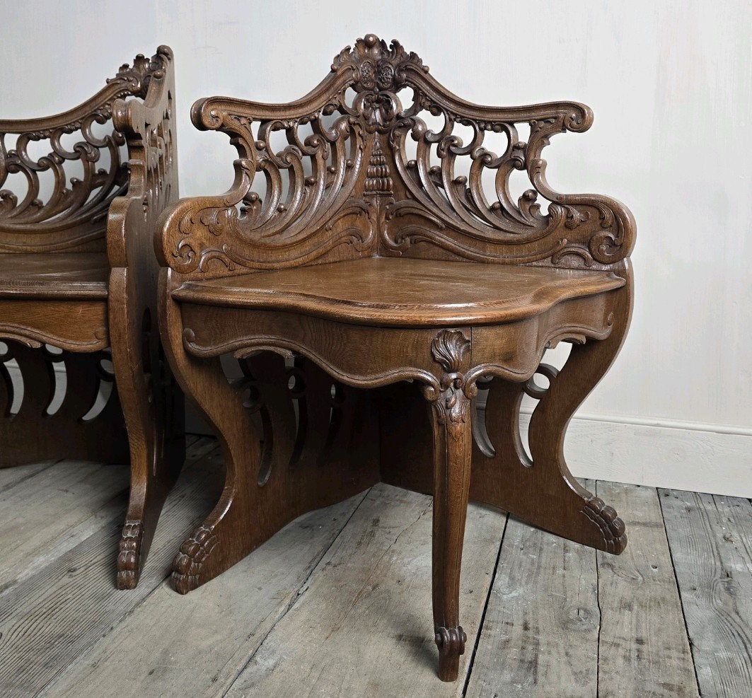 Set unieke hoek stoelen, antiek, houtsnijwerk, Ophalen