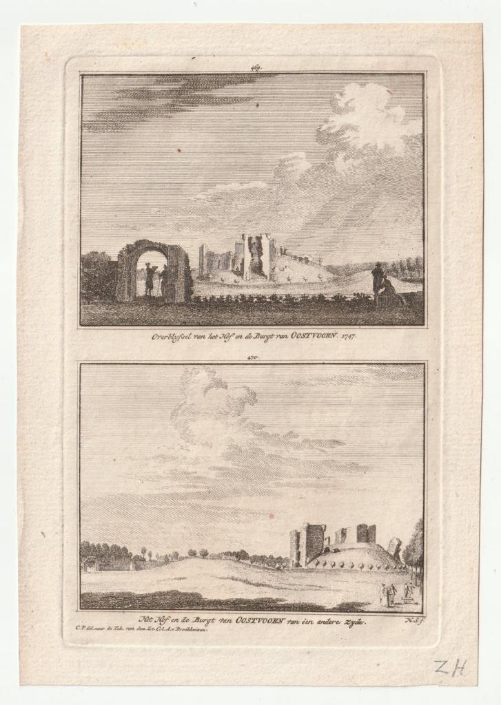 Ruïne Oostvoorn Spilman ca. 1750 oude gravure, Antiek en Kunst, Kunst | Etsen en Gravures, Verzenden, Gravure, Dubbele gravure