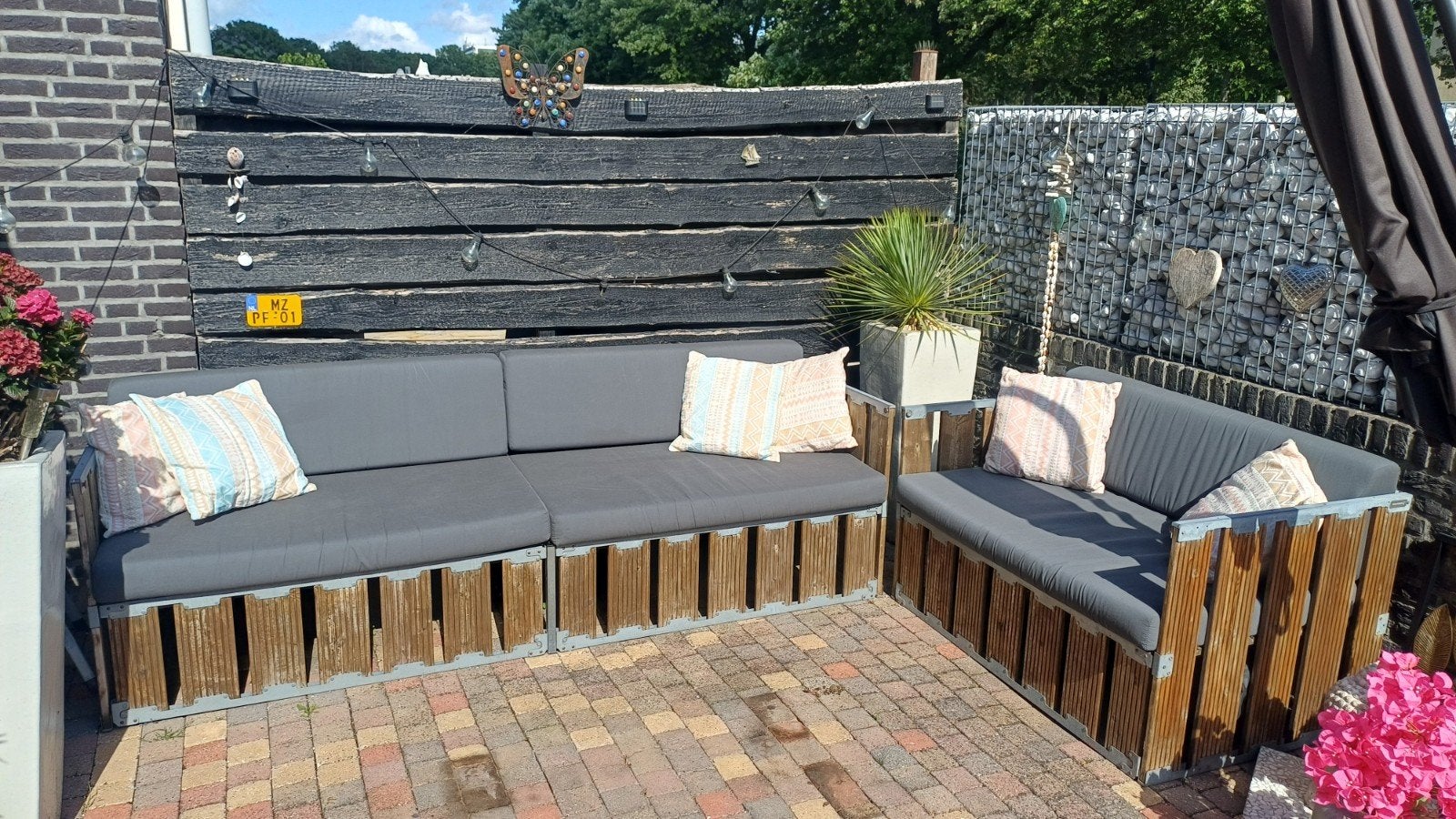 Superleuke loungebank set met kussens, Ophalen, Gebruikt, Hout