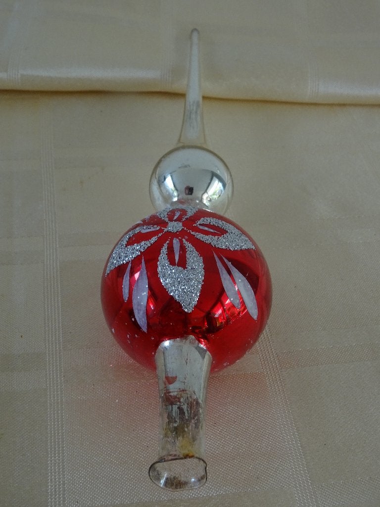 Vintage glazen piek kerstboom topper glas kerst rood zilver, Ophalen of Verzenden, Zo goed als nieuw
