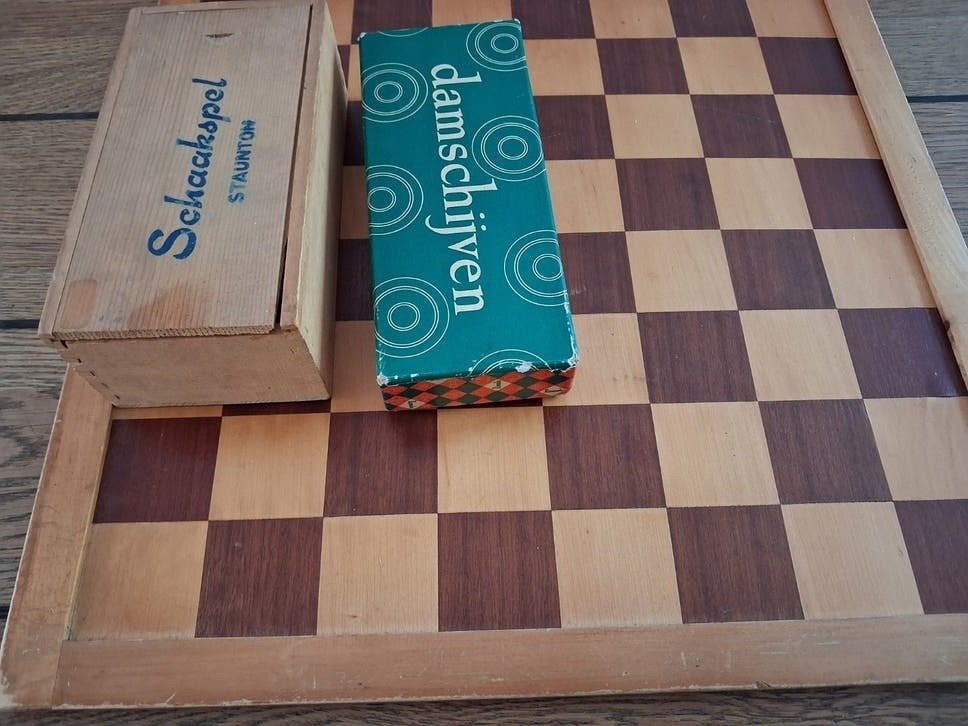 schaakspel schaken palmhout vintage Staunton en dammen, Ophalen of Verzenden, Gebruikt