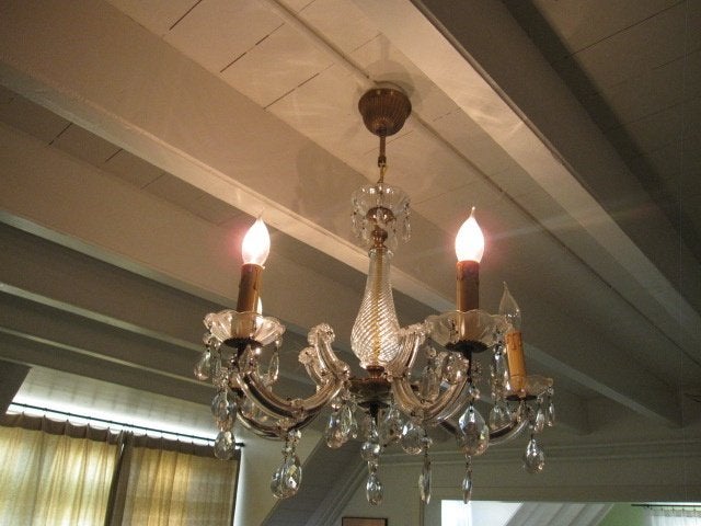 Oude kroonluchter met 5 armen / lichtpunten, Ophalen, Zo goed als nieuw, Glas
