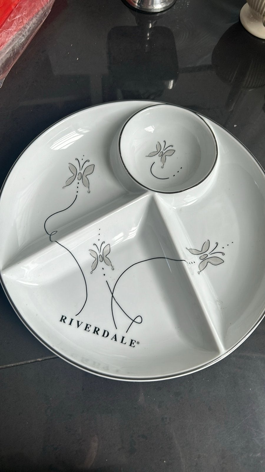 Riverdale serveerschaal met vlinders en dipschaaltje, Overige merken, Ophalen of Verzenden, Modern, Porselein