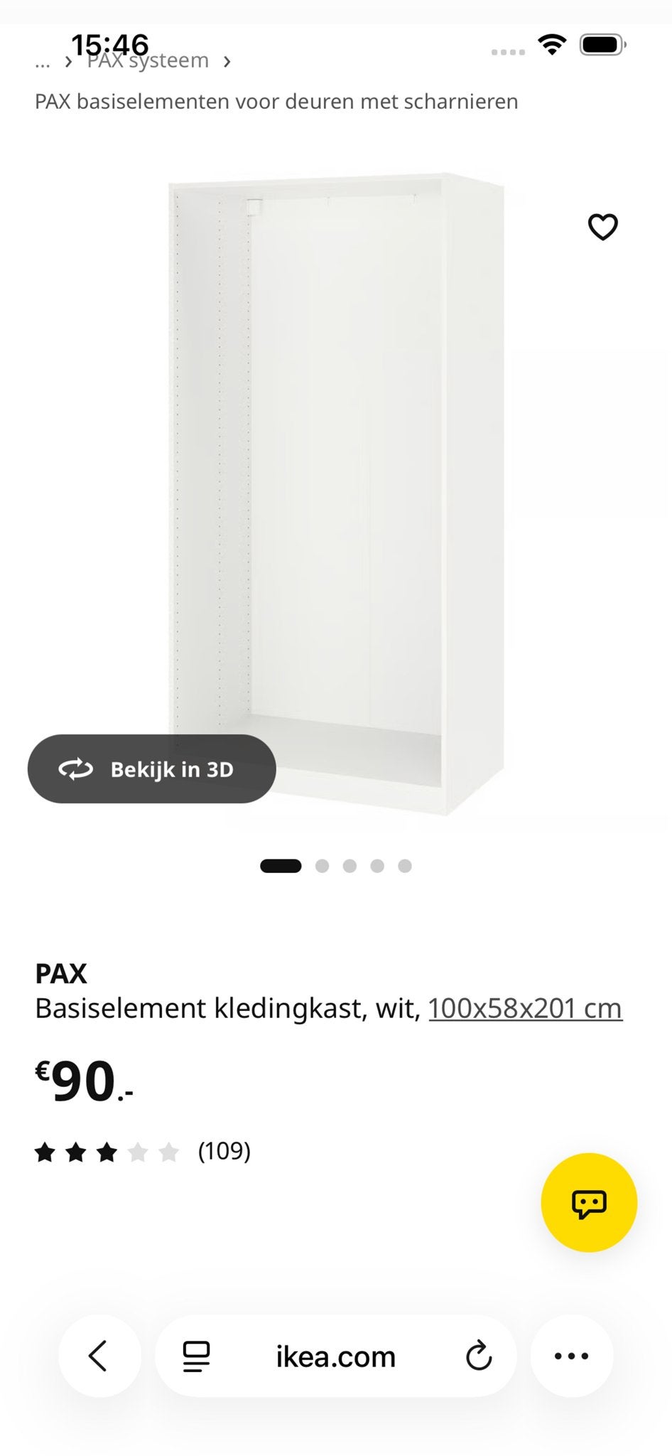 Ikea PAX kledingkast wit, 100x58x201 cm, Ophalen, 200 cm of meer, 50 tot 100 cm, Zo goed als nieuw