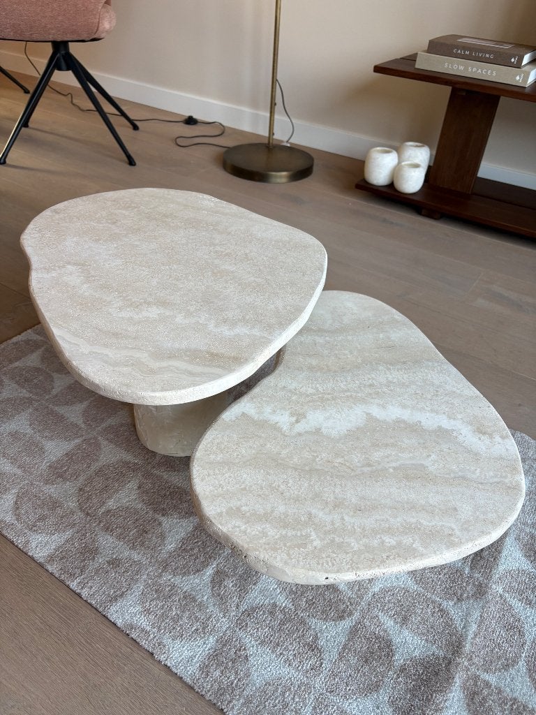 Set van twee travertin salontafels, Ophalen, Overige materialen, Rond, Nieuw