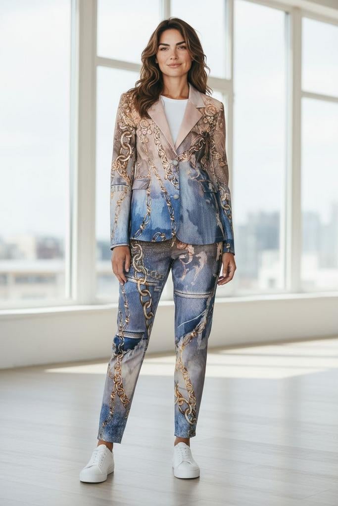 2-delige Missy Set - Jasje & Broek met Kettingprint, Kostuum of Pak, Blauw, Nieuw, Missy