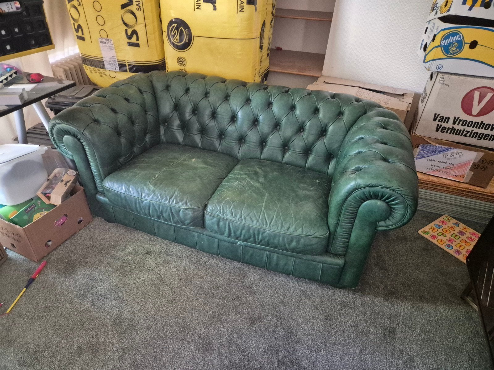 Gebruikte Chesterfield bank - Groen leer, Ophalen, Gebruikt, 150 tot 200 cm, Chesterfield