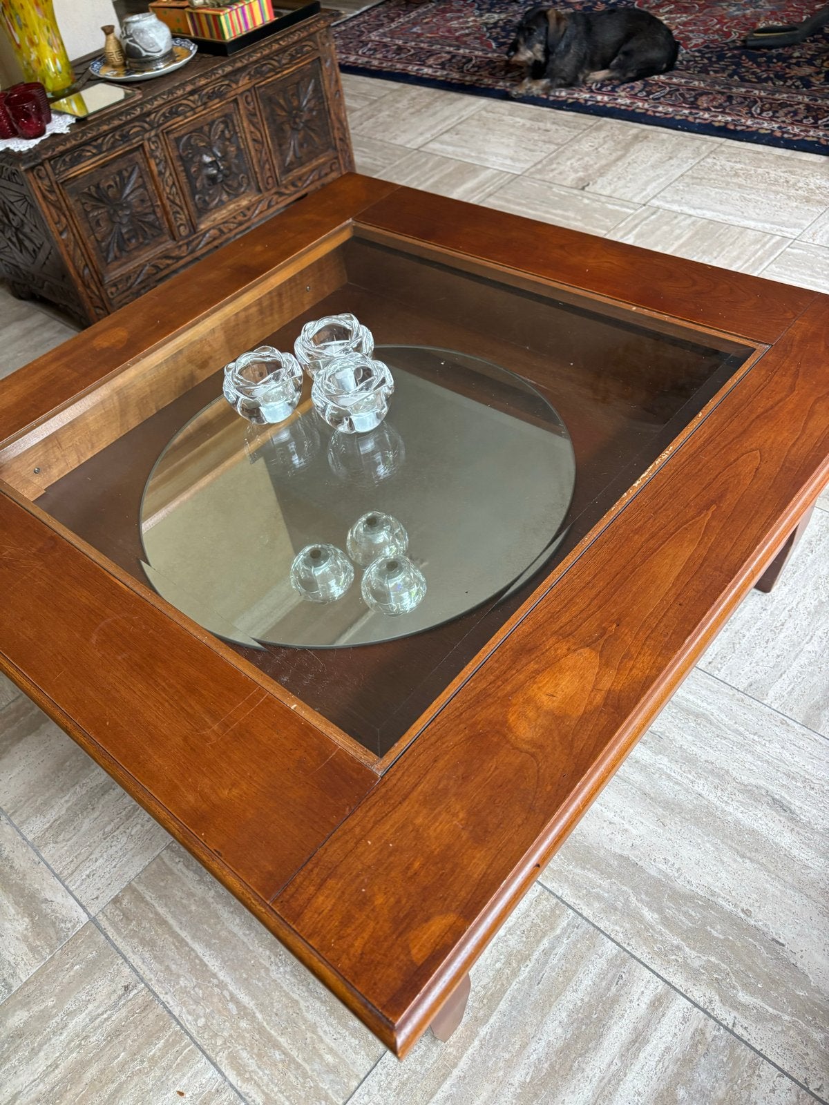 Klassieke Kersenhouten Salontafel met Glasplaat en Lades, Ophalen, 100 tot 150 cm, Klassiek, Vierkant