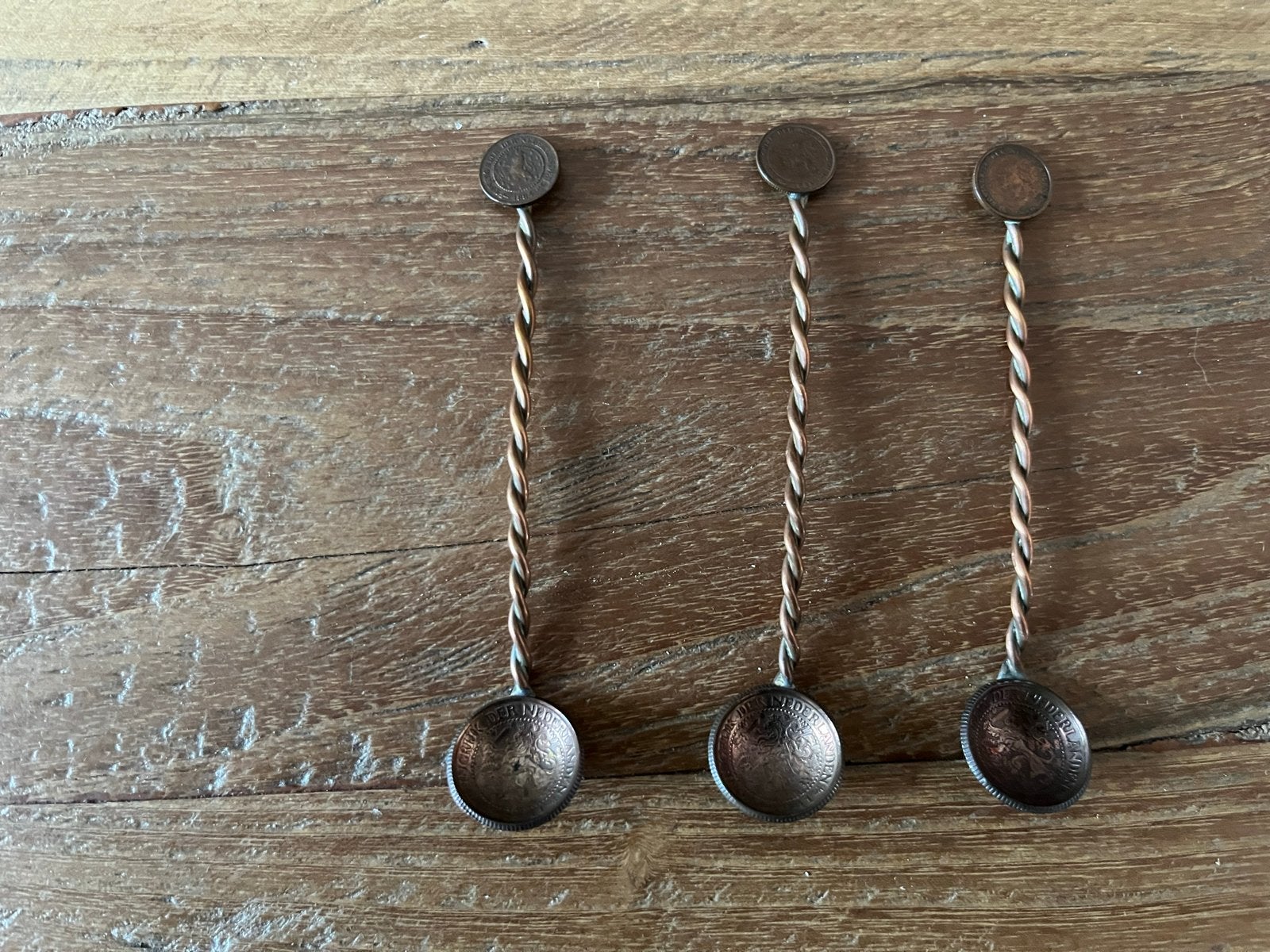 3 Koperen Lepeltjes met Nederlandse Muntjes, Ophalen of Verzenden