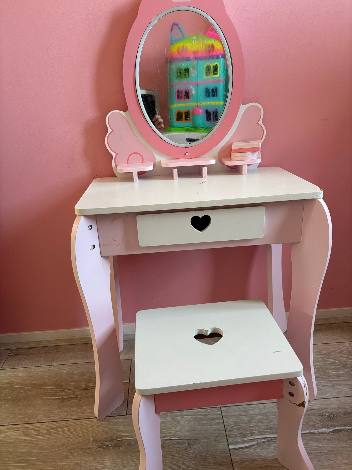 Roze kaptafel met spiegel en krukje voor kinderen, Ophalen, Gebruikt, Overige typen