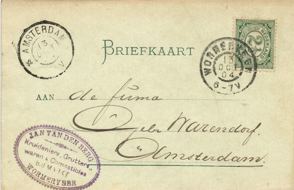 Jan van den Berg, Wormerveer - 10.1904 - briefkaart, Ophalen of Verzenden, Briefkaart