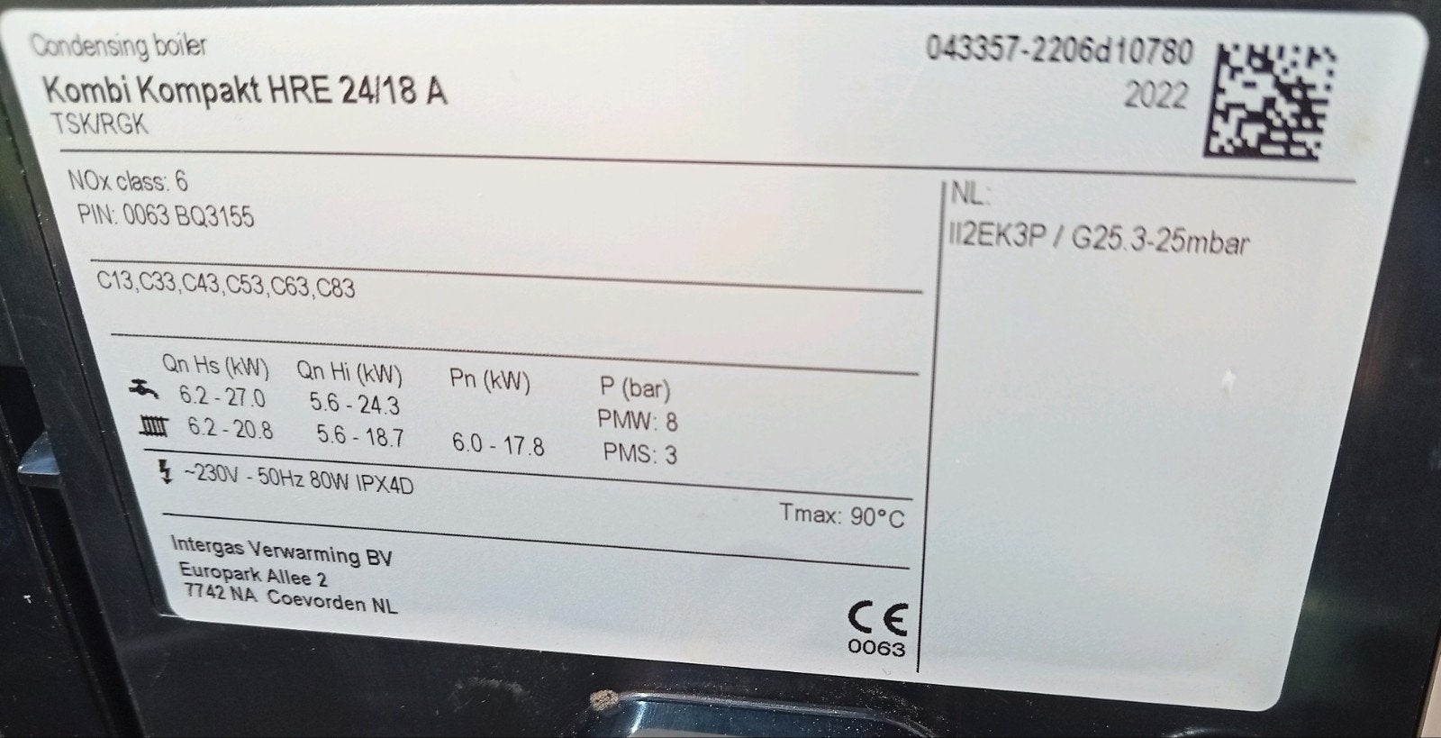 Intergas HRE 24/18 A 18.08.2023 geplaatst- factuur🚿 CW3 🔥, Ophalen