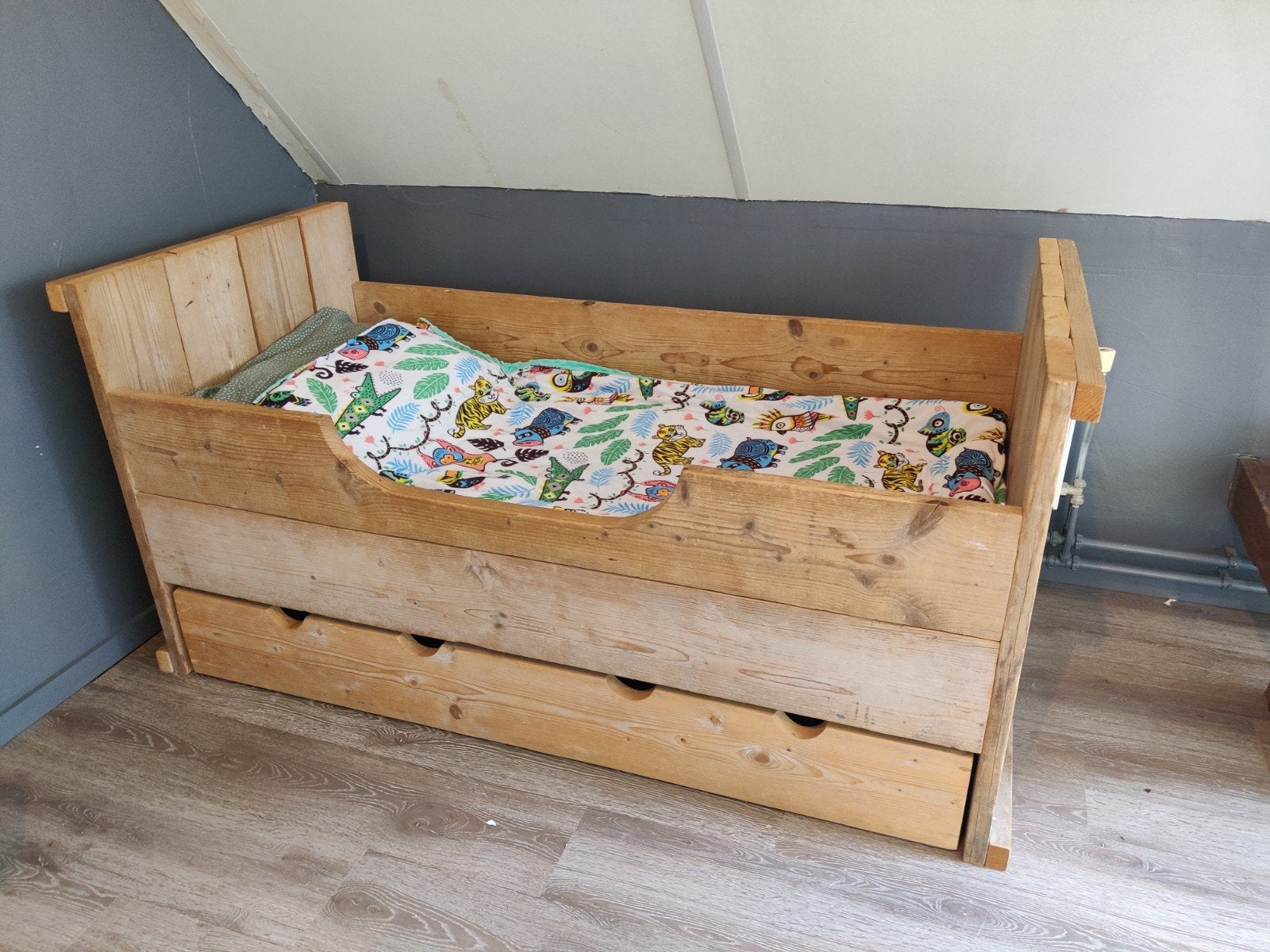 Steigerhouten peuterbed., Ophalen, Gebruikt, 70 tot 85 cm, 140 tot 160 cm