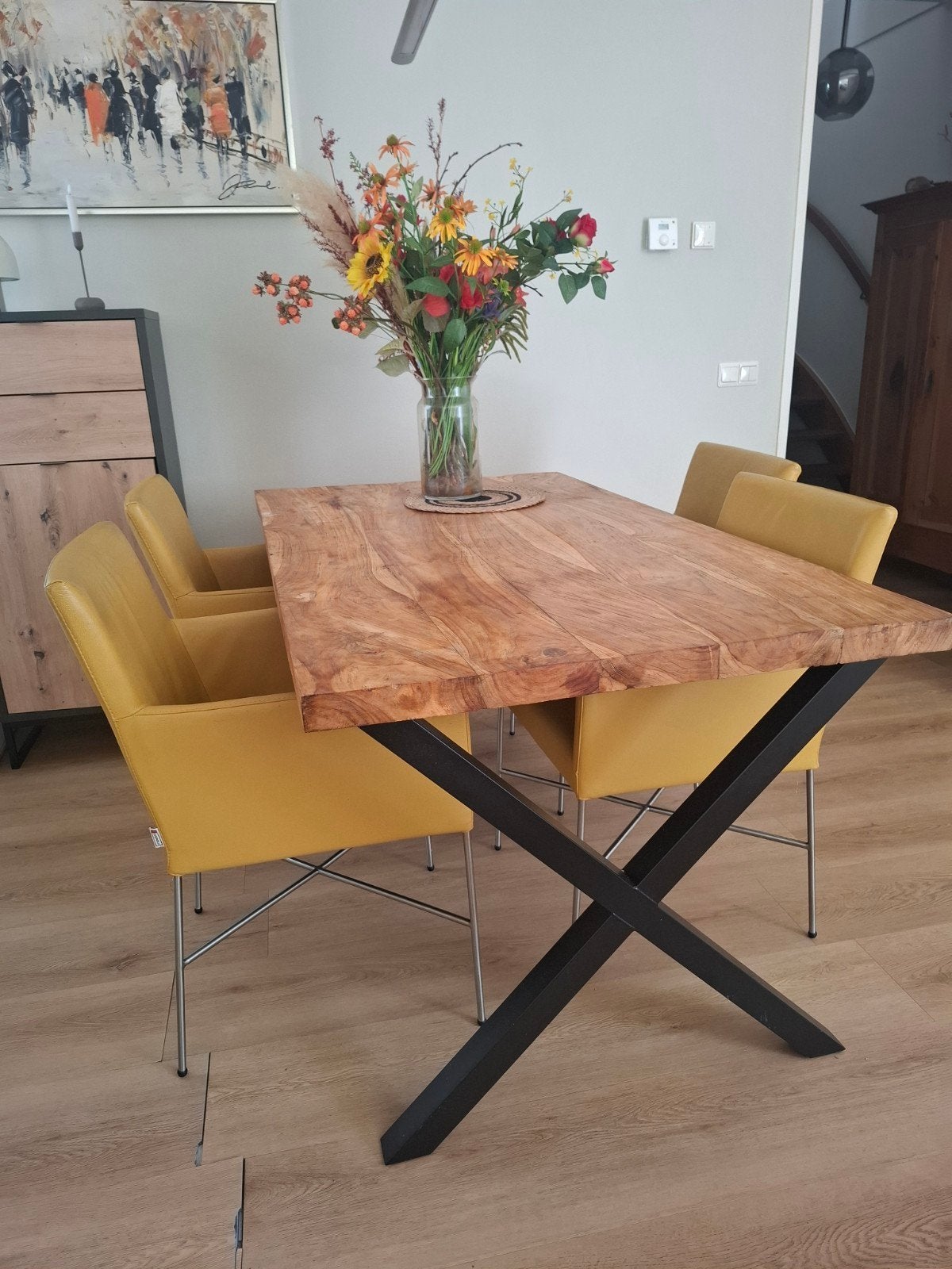 Eettafel 160 x 90 + stoelen leer 4x, Ophalen, Gebruikt, Industrieel, 4 tot 6 stoelen