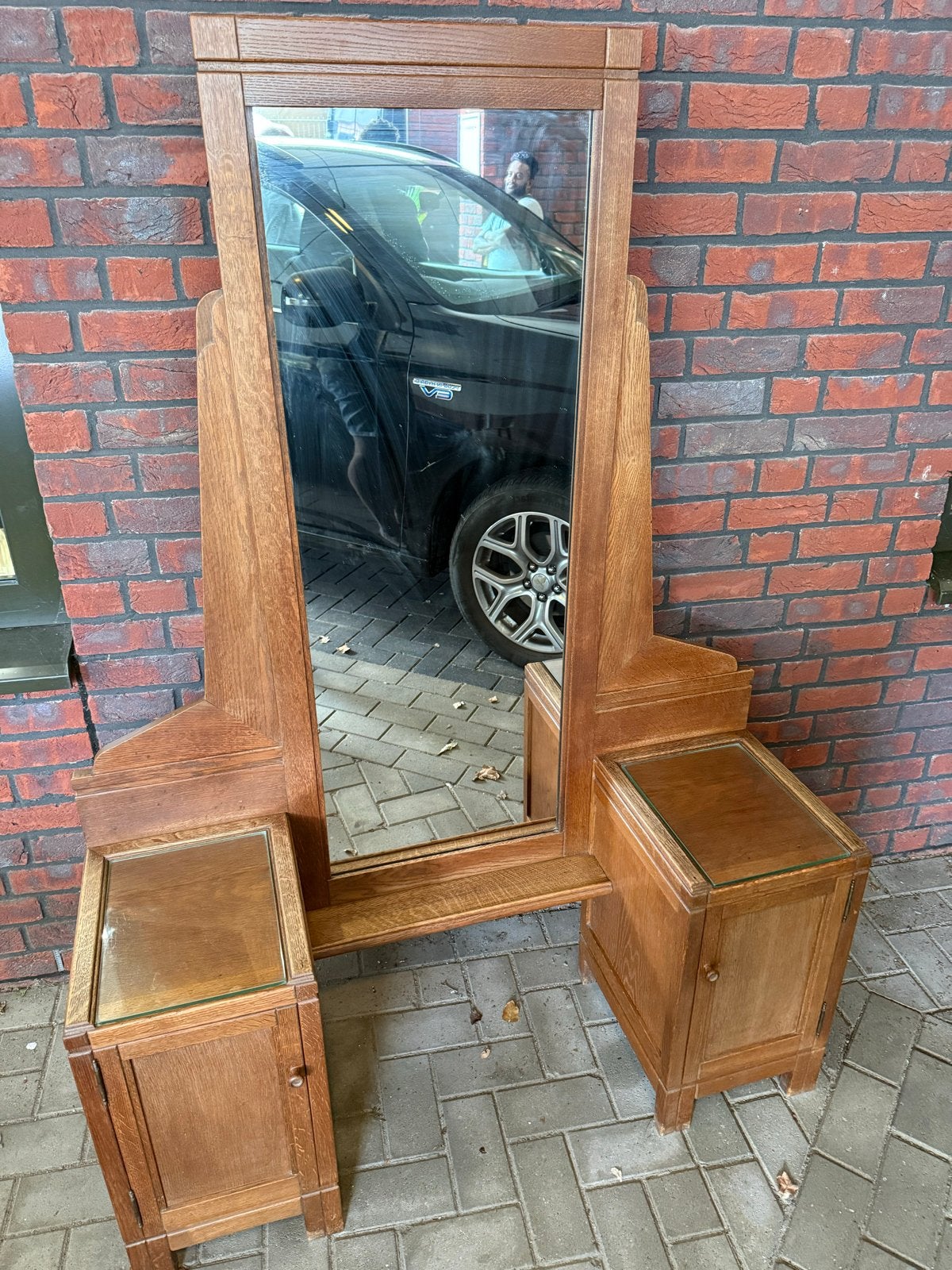 Antieke eiken Art Deco kaptafel met spiegel & stoel ca. 1930
