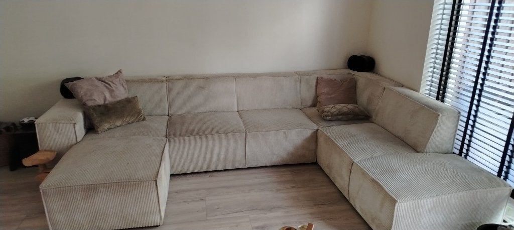 Hoekbank beige ribstof U-bank, Ophalen, Gebruikt, Hoekbank, 300 cm of meer