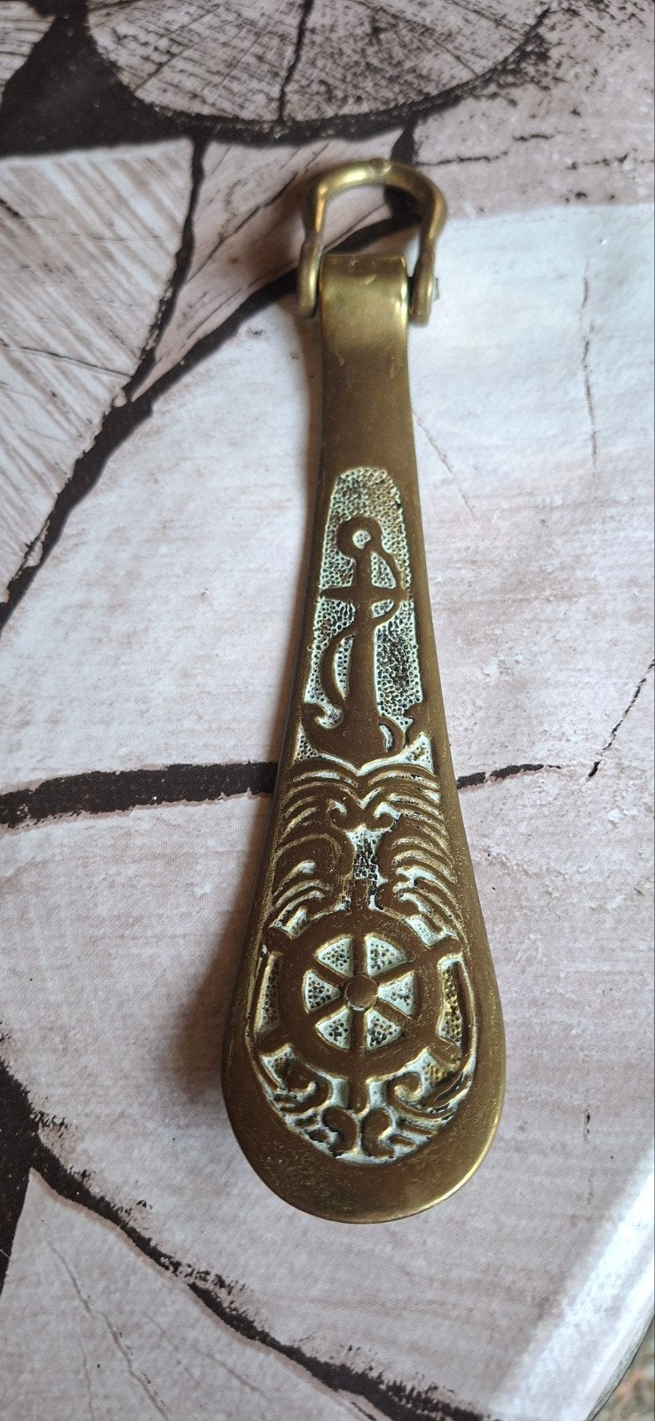 Vintage messing schoenlepel met nautische motieven, Ophalen of Verzenden