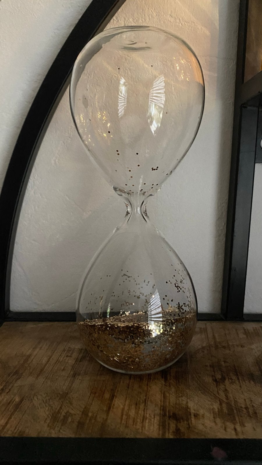 Glazen zandloper met gouden glitters - Woondecoratie, Ophalen, Zo goed als nieuw, Goud, Glas