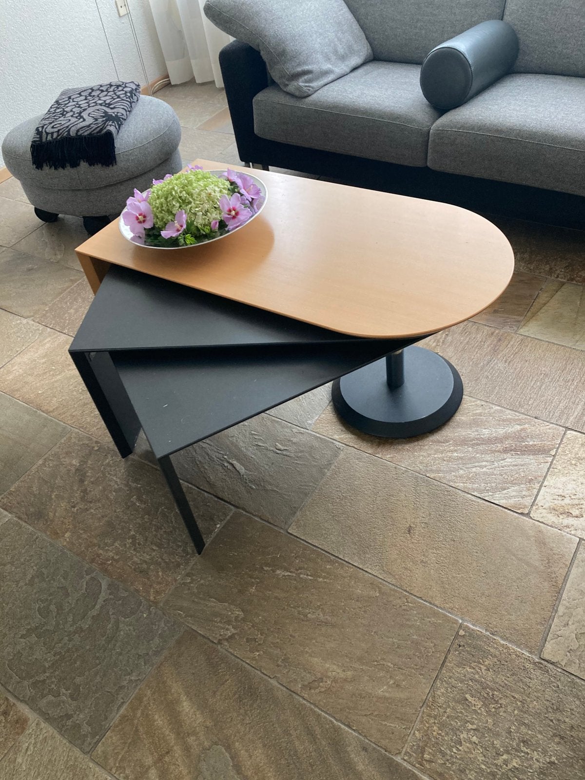 Leolux salontafel Cyclo antraciet met beuken bovenblad, Ophalen, Gebruikt, 100 tot 150 cm, 50 tot 100 cm