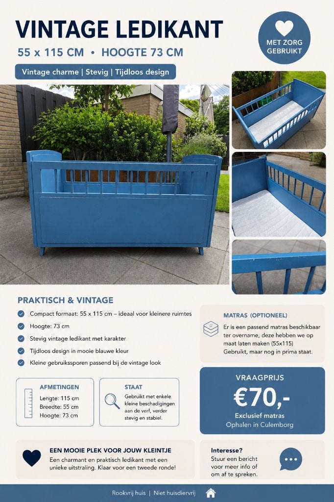 Vintage ledikant, Ophalen, Gebruikt, Blauw, Vintage