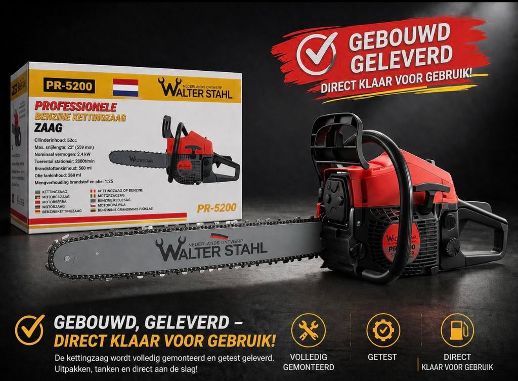 Walterstahl Kettingzaag 52cc Benzine - Gebruiksklaar, Ophalen of Verzenden, Nieuw, Overige soorten, Walterstahl