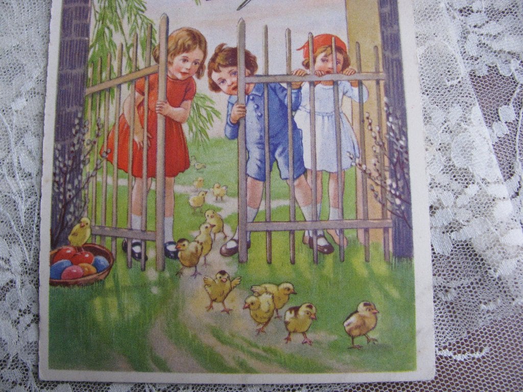 Oude Kaart - Kinderen Kuikens Paaseieren, Verzenden, 1920 tot 1940, Ongelopen, Feest(dag)