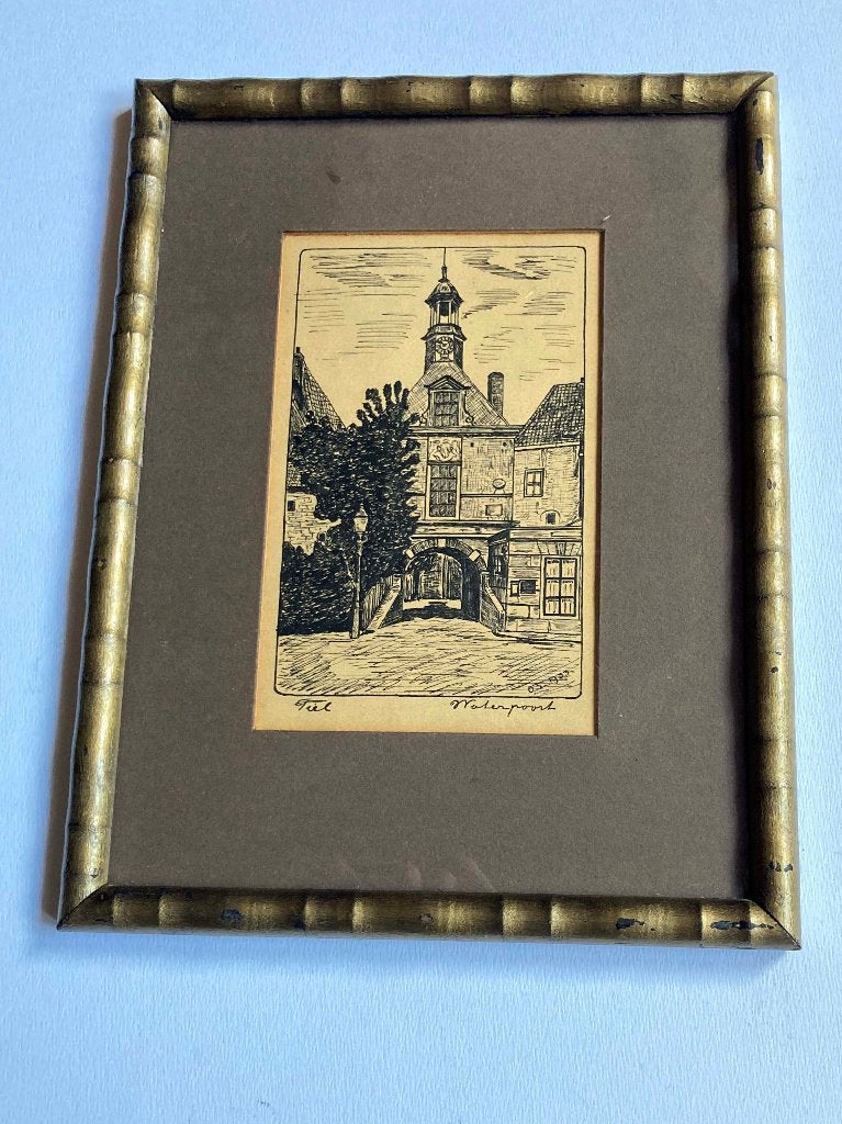 Pentekening Waterpoort Tiel 05-1933 in lijst 25,5 x 19,5 cm, Antiek en Kunst, Kunst | Tekeningen en Foto's, Ophalen of Verzenden