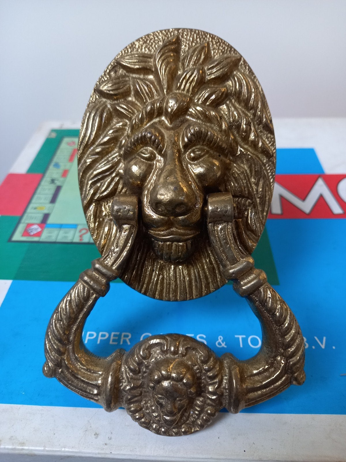 Antieke koperen/bronzen deurklopper met leeuwenkop, Ophalen of Verzenden, Koper