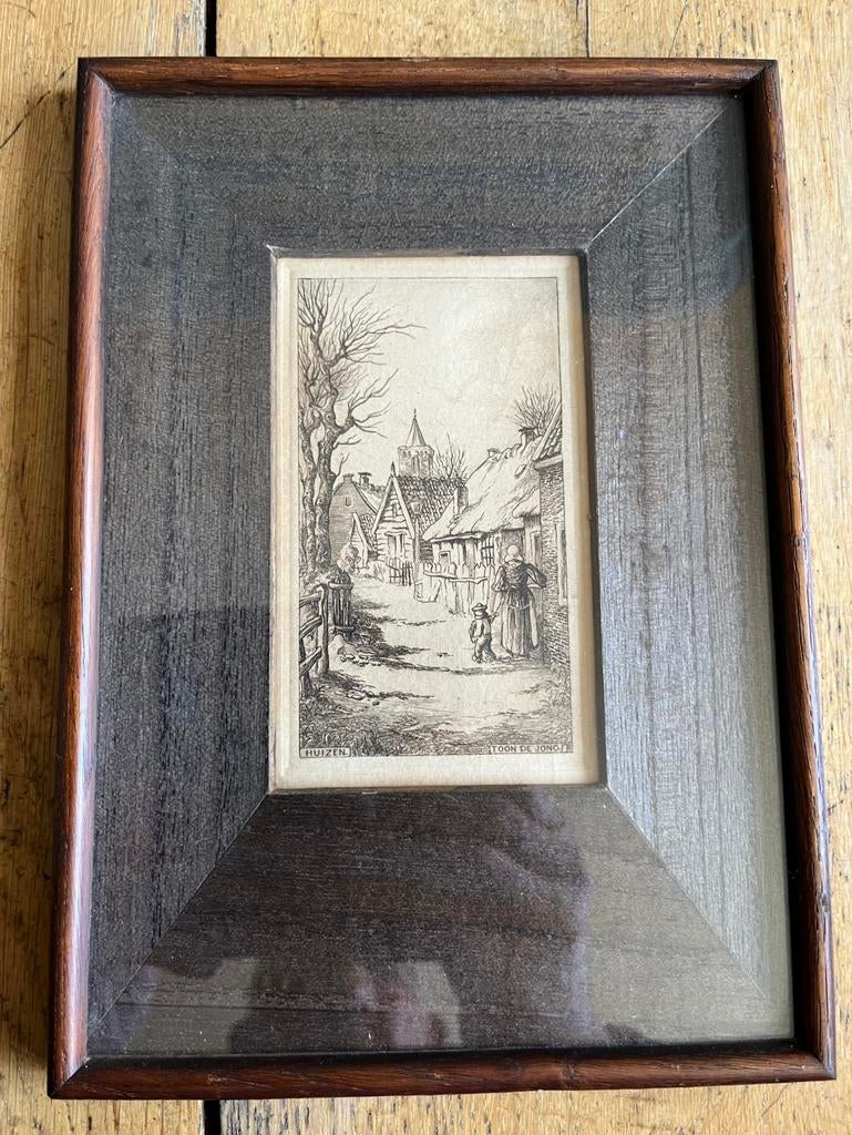 Toon de Jong, straatje te Huizen, Antiek en Kunst, Kunst | Etsen en Gravures, Ophalen of Verzenden, Landschap, 11 cm, 1950 - 1999